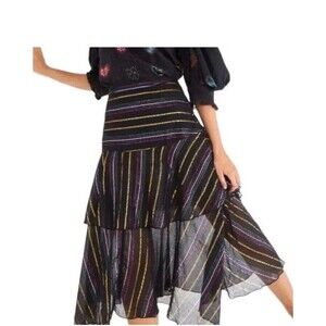 Farm Rio  Midi Skirt Medium Womens Boho Multicolor Lurex Striped Tiered New NWT